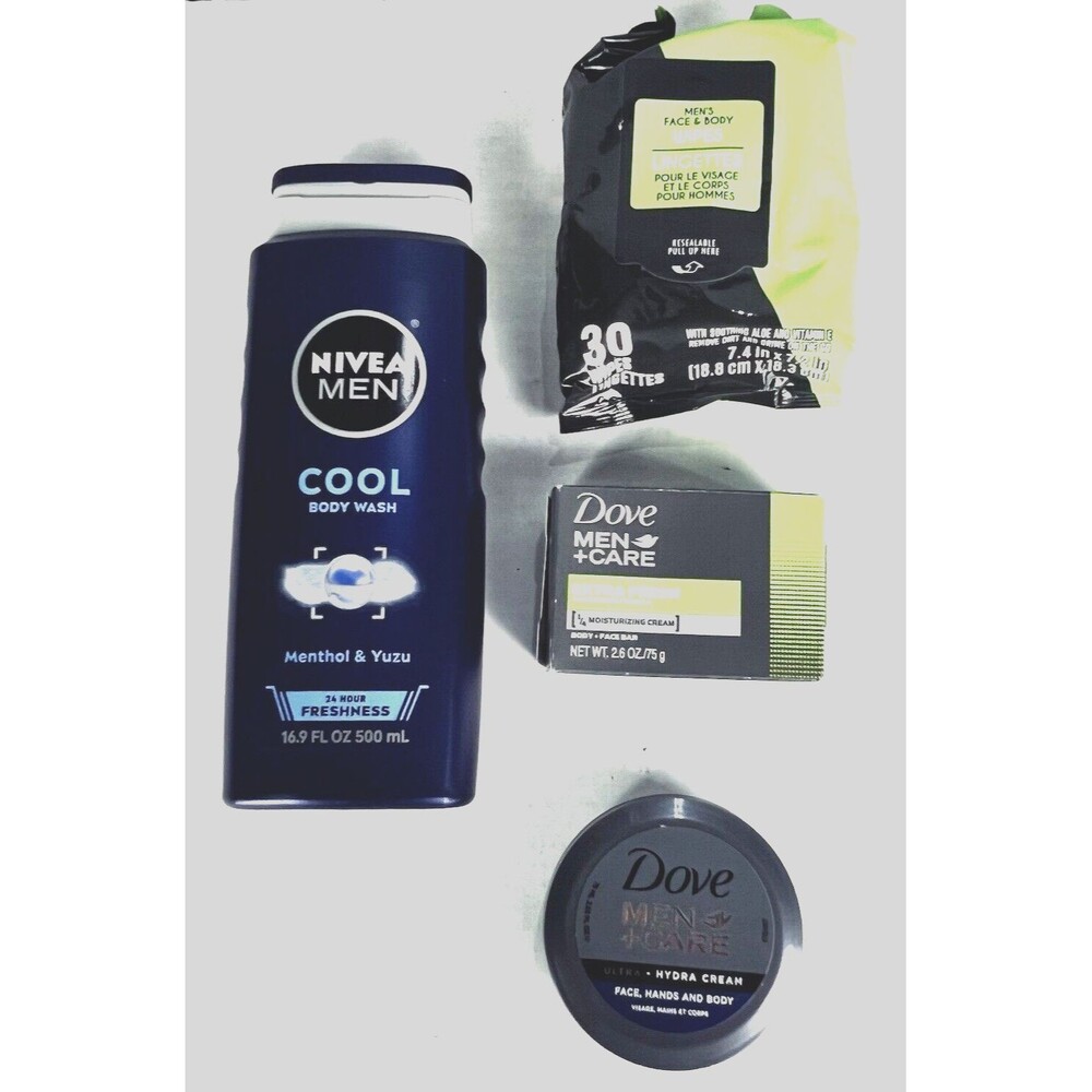 Dove Nivea Mens Grooming Set 4 Piece Body Wash Soap Wipes Travel Kit New
